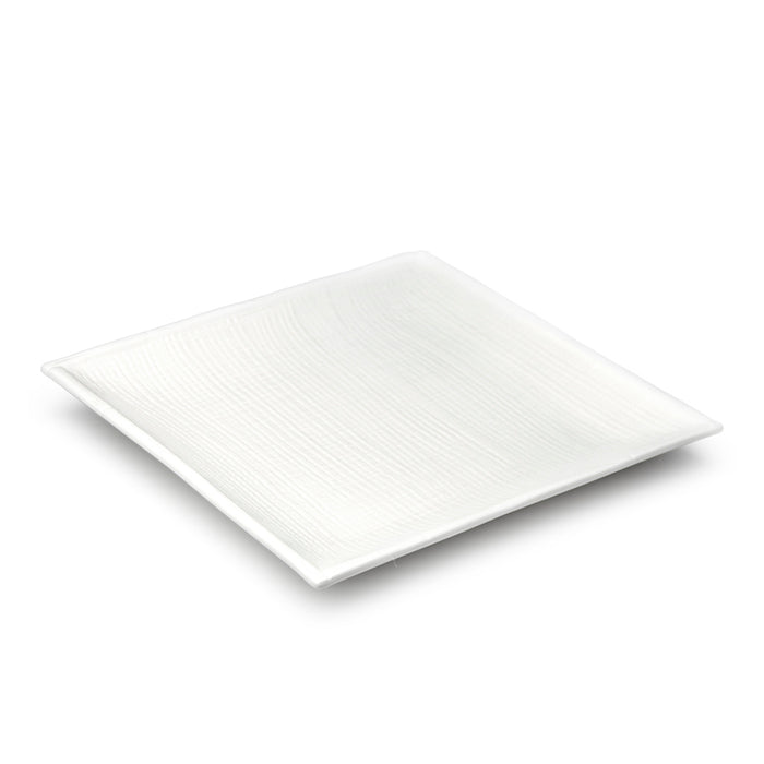 10″ Textured White Ceramic Square Plate — 1½″ High