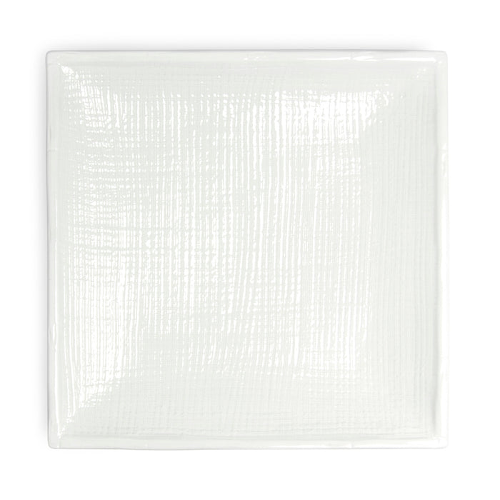 10″ Textured White Ceramic Square Plate — 1½″ High