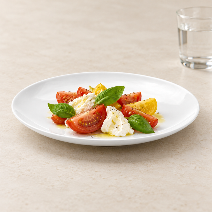 11-7/8" Round Plate, White Ceramic. Tomato and burrata serving suggestion.
