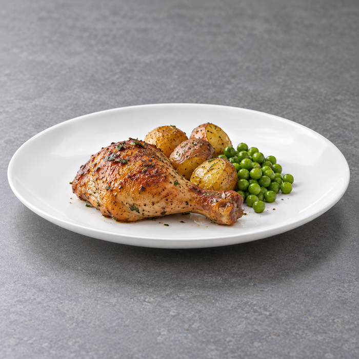 13" Round Plate, White Ceramic. Serving suggestion.