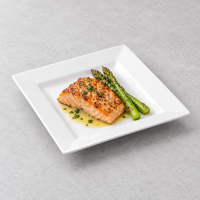 8" Square Plate, White Ceramic. Serving suggestion.