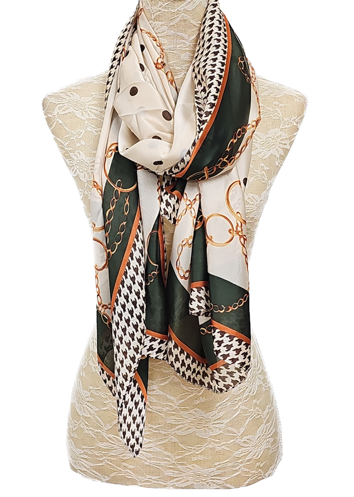 Beige & Green Chain Printed Silk Feel Scarf