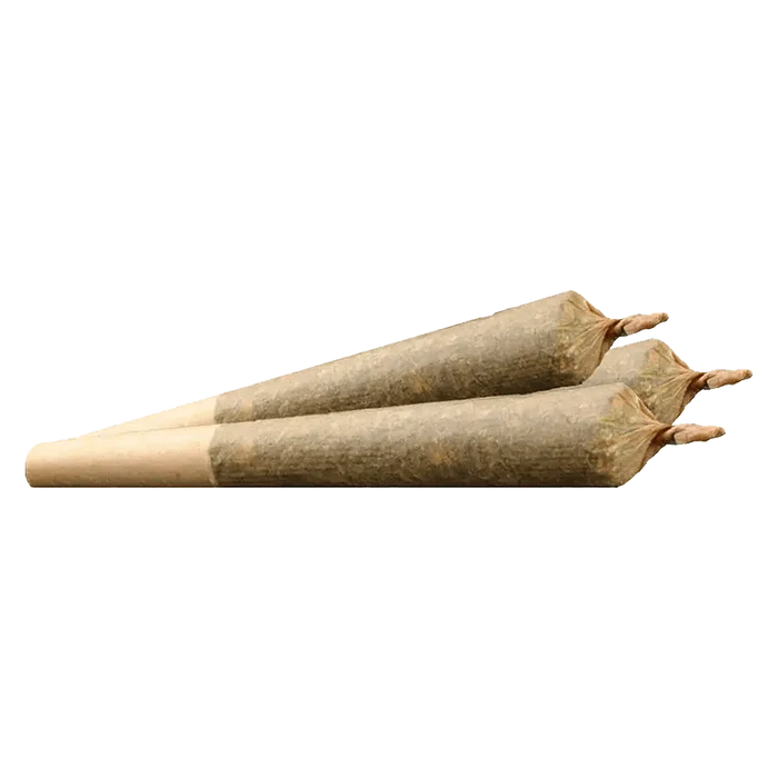 A close-up view of three Powdered Donuts Pre Rolled 0.5 g pre-rolls, arranged diagonally against a plain white backdrop.