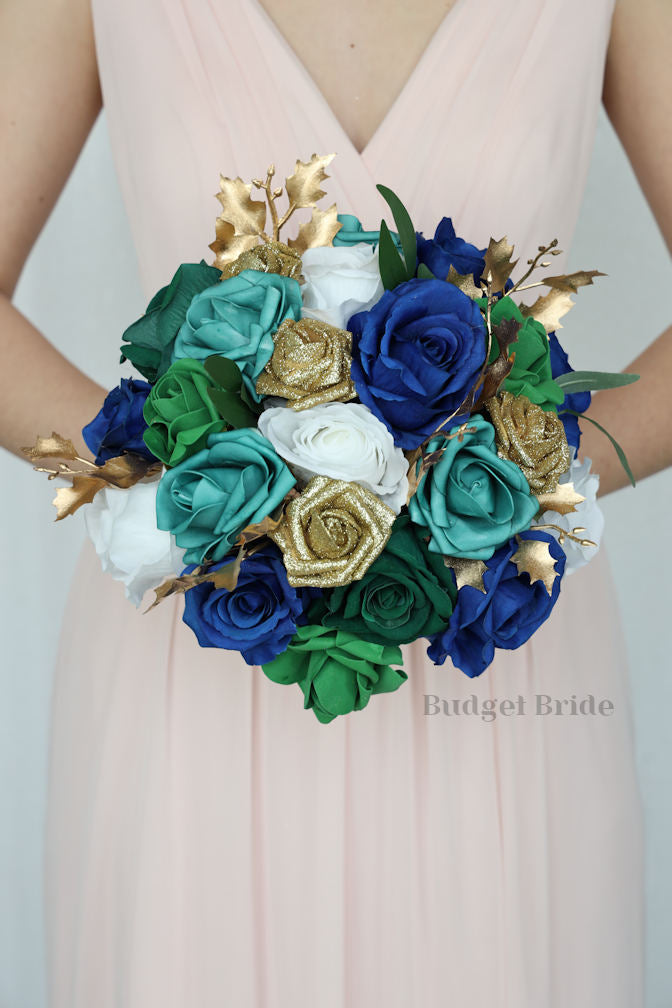 Silk Wedding Bouquet in Emerald Green and Blue - $65.00 | Hosea