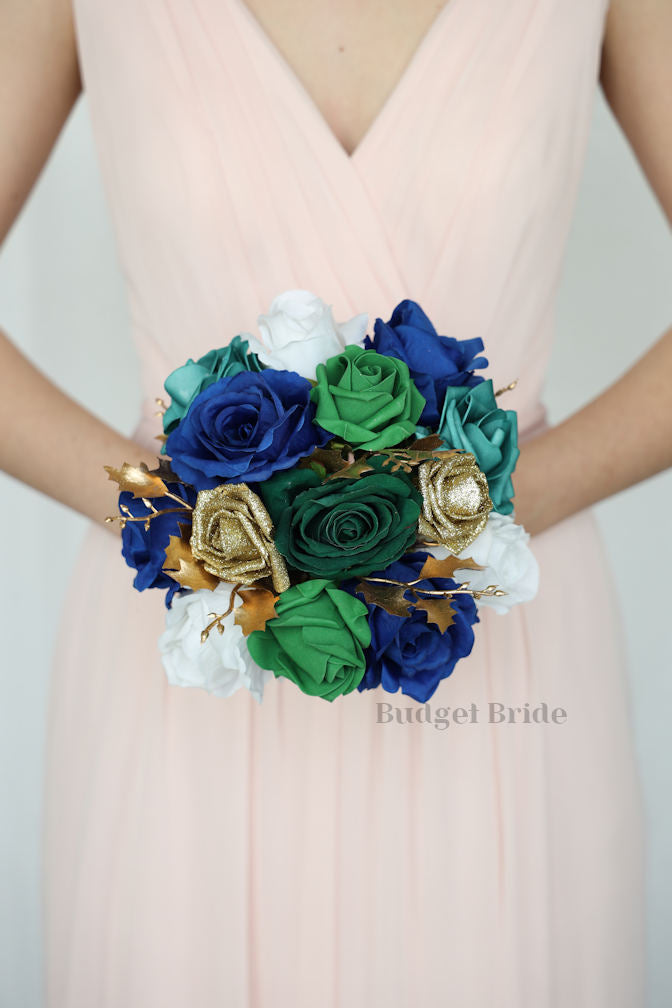 Silk Wedding Bouquet in Emerald Green and Blue - $65.00 | Hosea