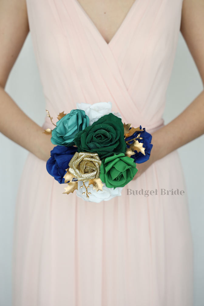 Silk Wedding Bouquet in Emerald Green and Blue - $65.00 | Hosea