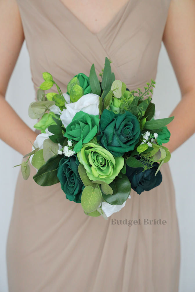 Silk Wedding Bouquet in Emerald, Pine and Hunter Green  - $39.50 | Spearmint