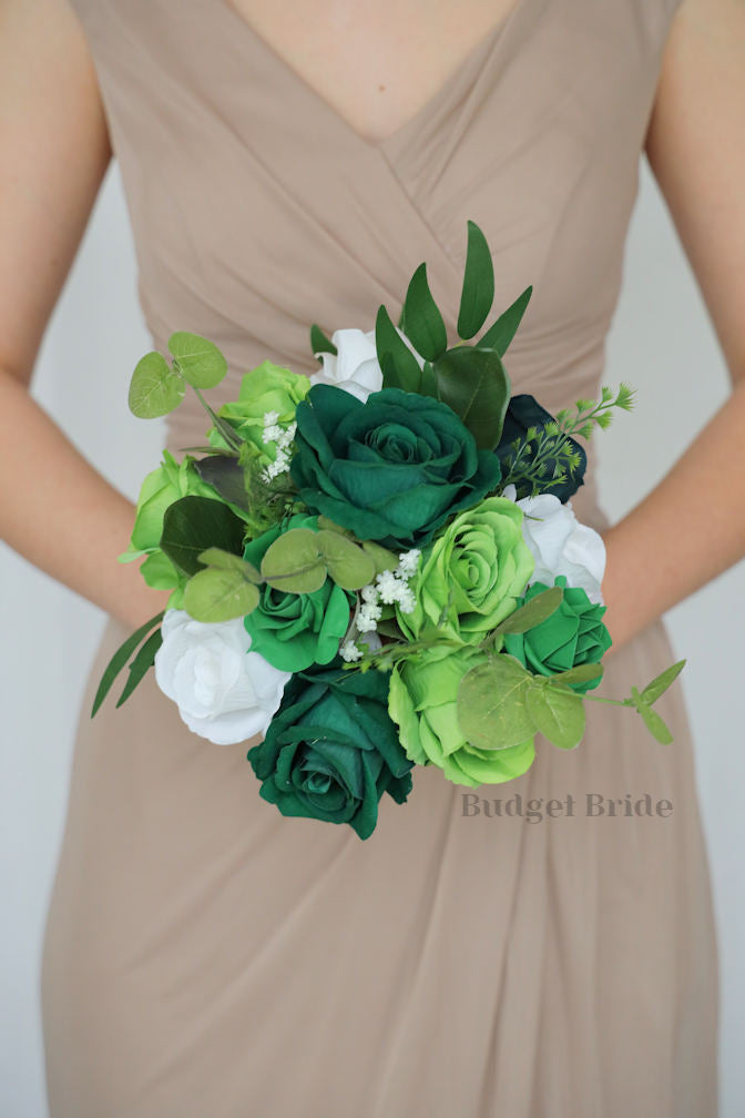 Silk Wedding Bouquet in Emerald, Pine and Hunter Green  - $58.50 | Spearmint