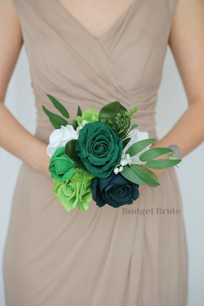 Silk Wedding Bouquet in Emerald, Pine and Hunter Green  - $58.50 | Spearmint