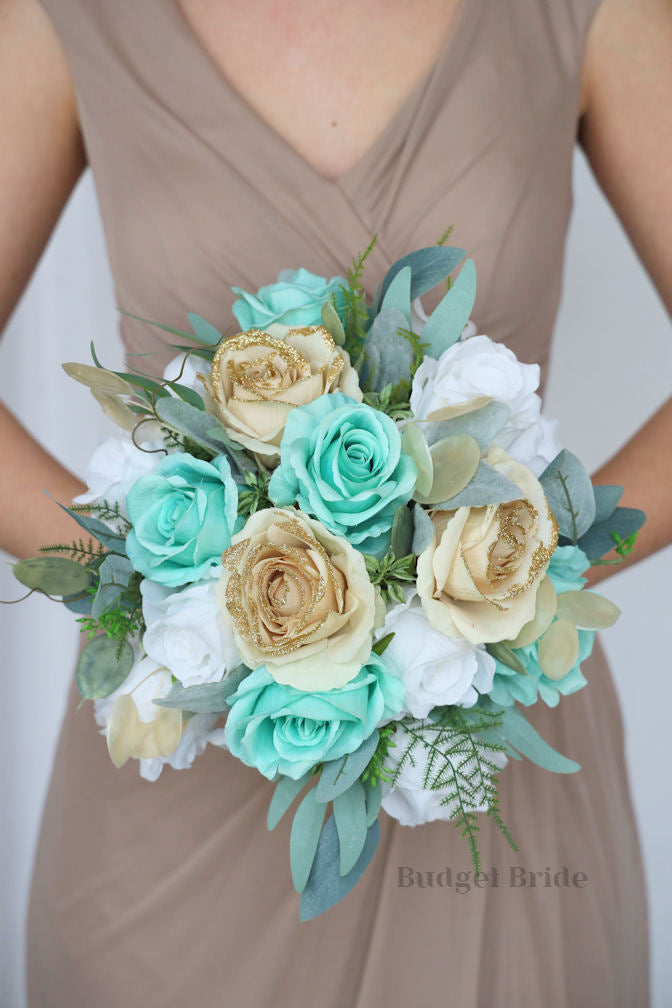 Silk Wedding Bouquet in Mint and Gold Glitter - $50.00 | Peppermint
