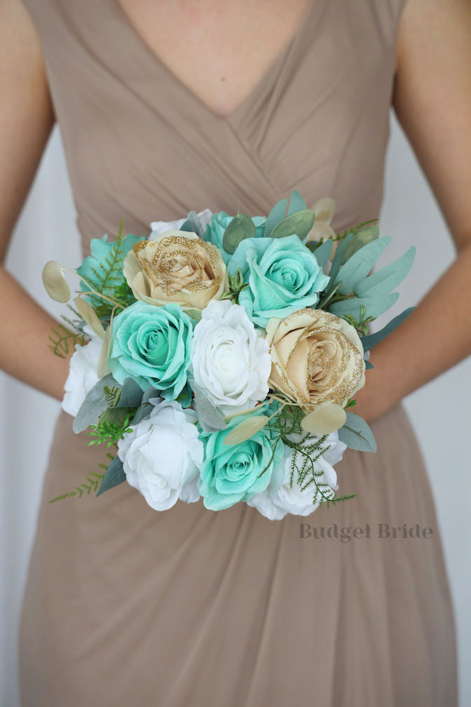 Silk Wedding Bouquet in Mint and Gold Glitter - $50.00 | Peppermint