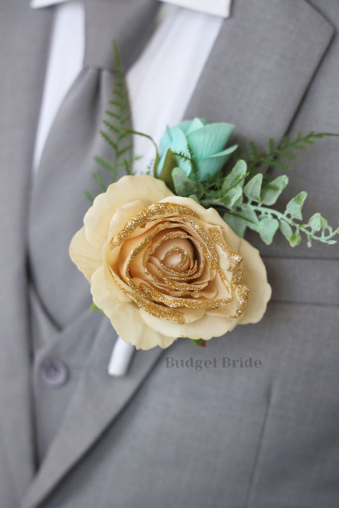 Silk Wedding Bouquet in Mint and Gold Glitter - $50.00 | Peppermint