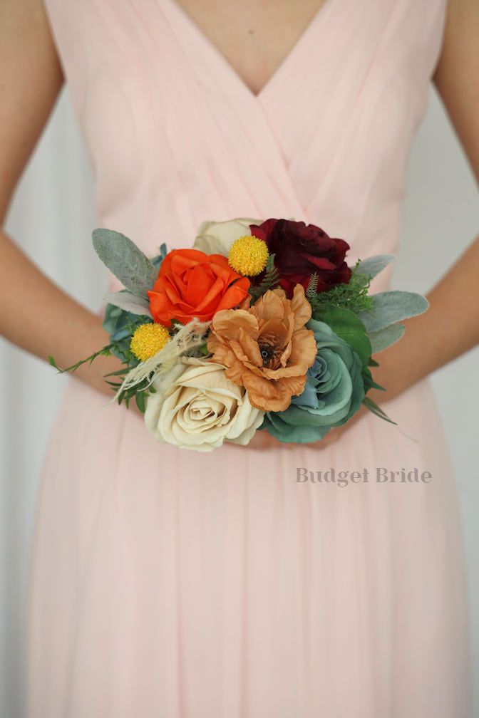 Silk Wedding Bouquet in Sage and Burnt Orange  - $39.50 |Mikasa