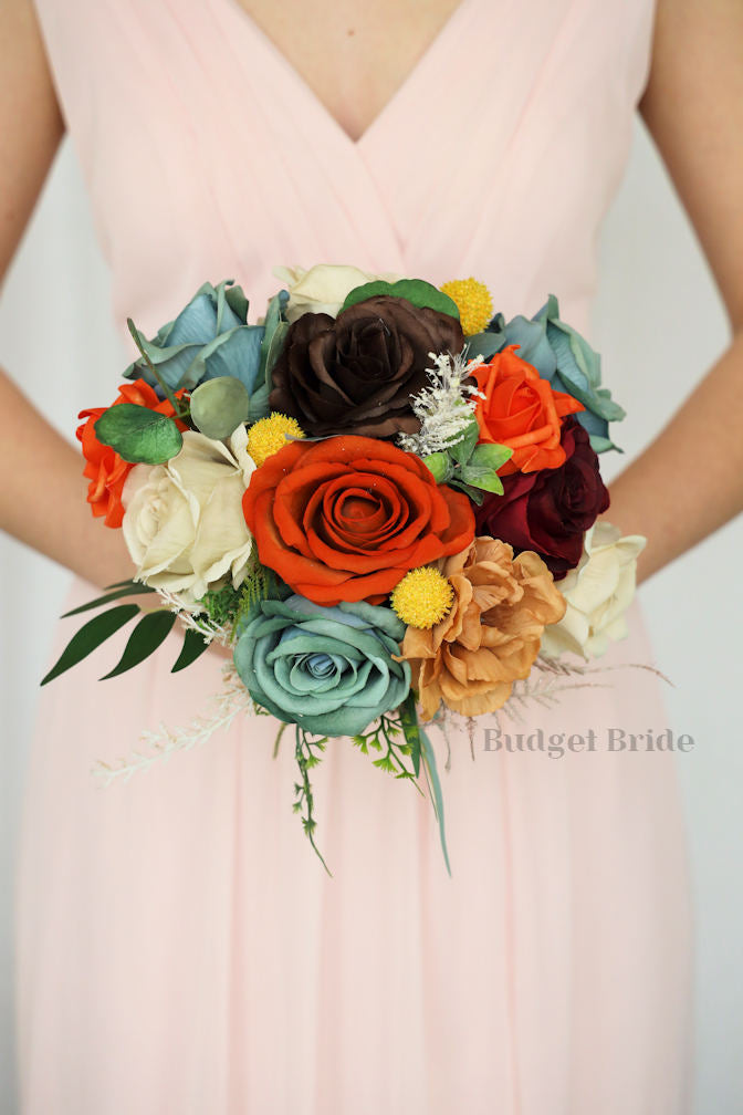 Silk Wedding Bouquet in Sage and Burnt Orange  - $39.50 |Mikasa