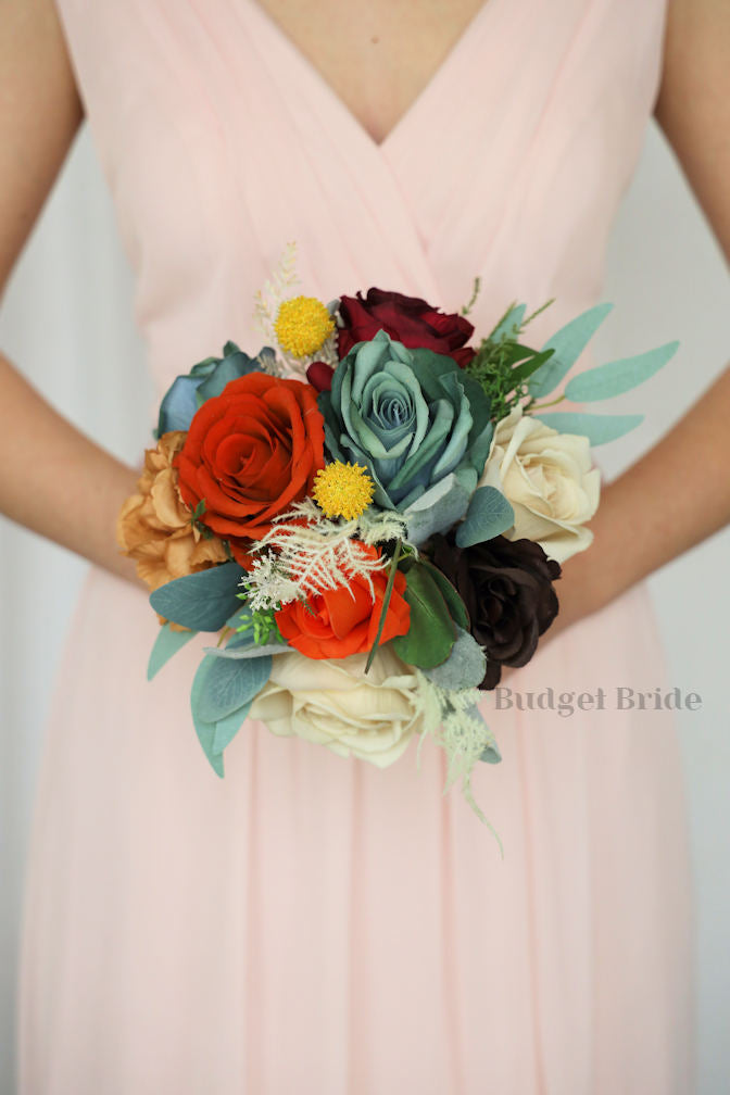 Silk Wedding Bouquet in Sage and Burnt Orange  - $39.50 |Mikasa