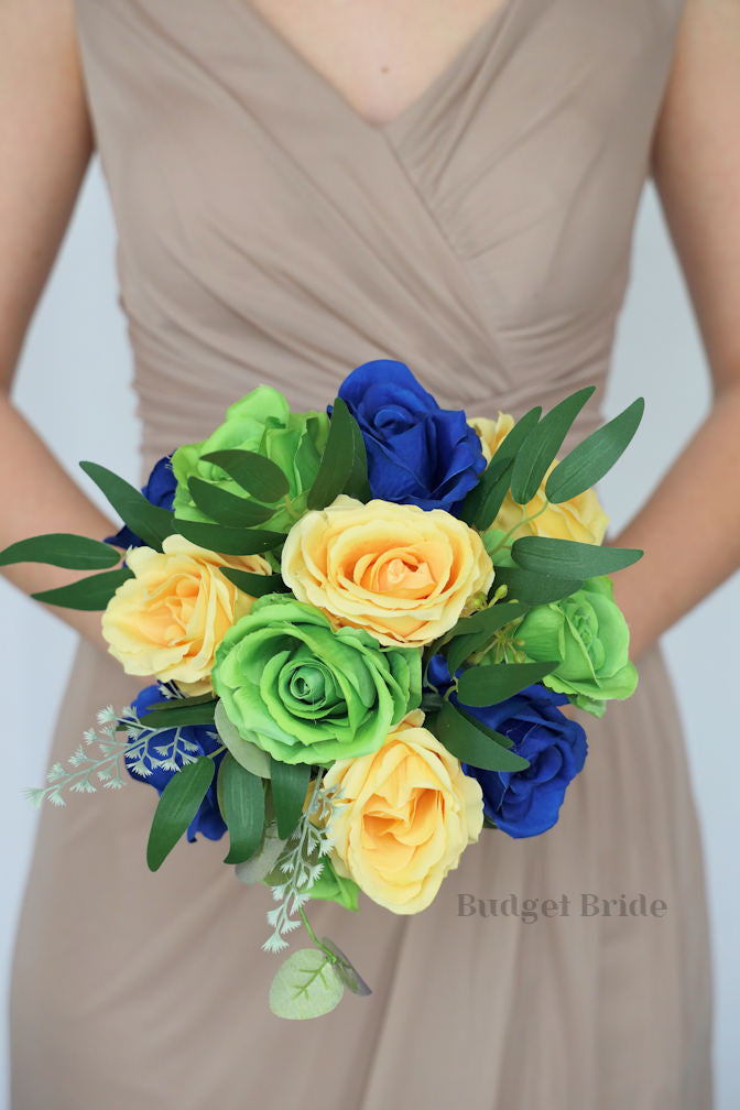 Silk Wedding Bouquet in Yellow and Royal Blue  - $39.50 | Taurus