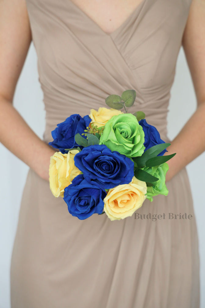 Silk Wedding Bouquet in Yellow and Royal Blue  - $39.50 | Taurus