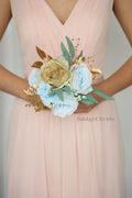 Silk Wedding Bouquet with Light Blue with Gold Glitter  - $45.00 | South
