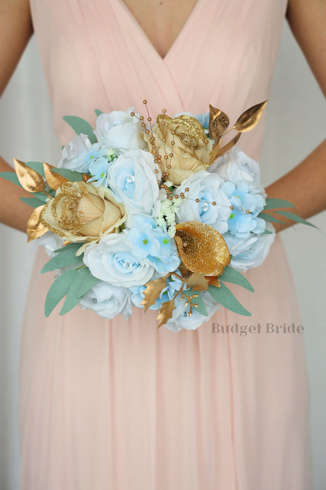 Silk Wedding Bouquet with Light Blue with Gold Glitter  - $45.00 | South