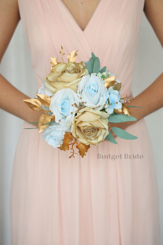 Silk Wedding Bouquet with Light Blue with Gold Glitter  - $45.00 | South