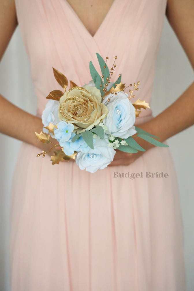 Silk Wedding Bouquet with Light Blue with Gold Glitter  - $45.00 | South
