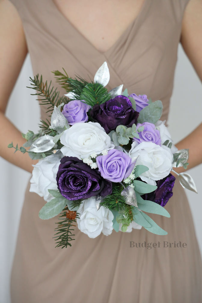 Silk Wedding Bouquet with Plum Glitter and Silver  - $45.00 | Scorpio