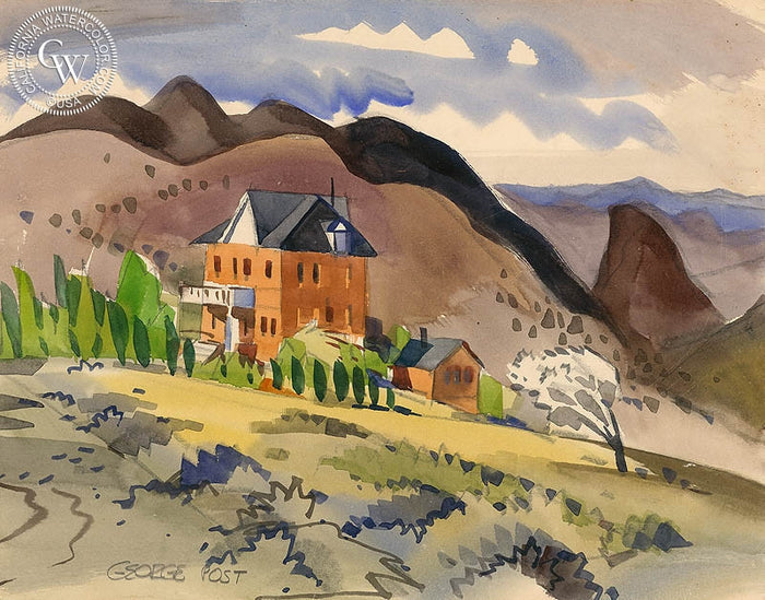 St. Mary's Art Center, Virginia City, watercolor painting by George Post (American art). Fine art giclée print reproduction by California Watercolor for wall decor.