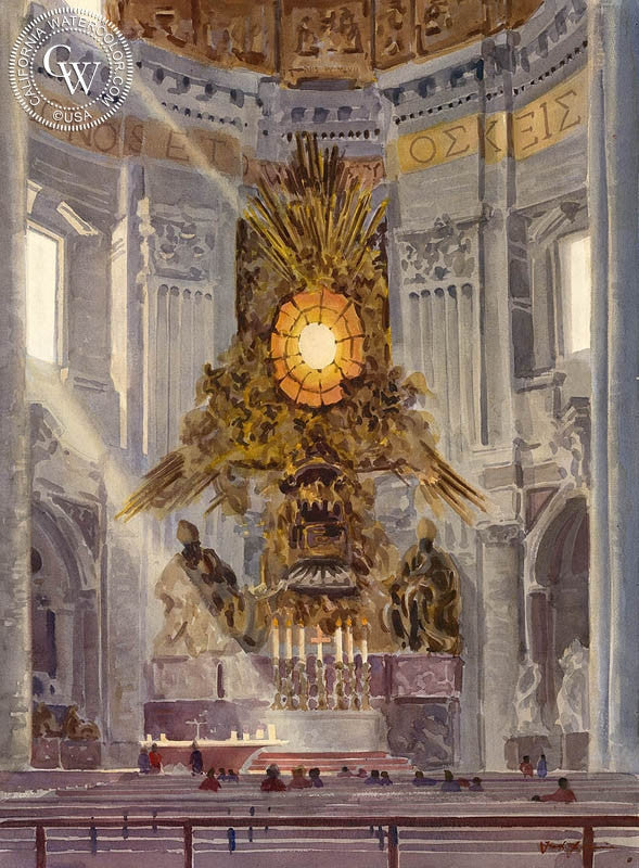 St. Peter's Basilica, Rome, watercolor painting by Frank LaLumia (American art). Fine art giclée print reproduction by California Watercolor for wall decor.
