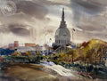 State Capitol (California), watercolor painting by Harold Gretzner (American art). Fine art giclée print reproduction by California Watercolor for wall decor.