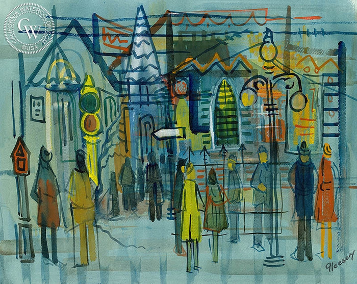 Street Corner, watercolor painting by Gerald Collins Gleeson (American art). Original painting and fine art giclée reproduction by California Watercolor for wall decor.