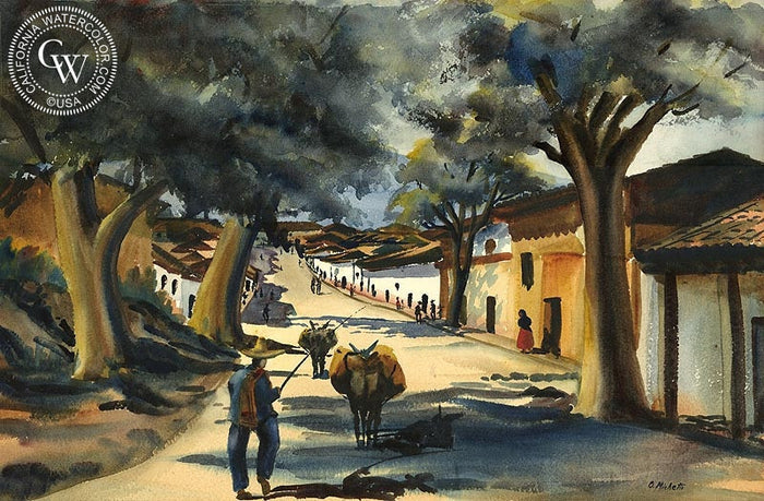 Street in Patzcuro, Mexico, 1939, watercolor painting by Othello Michetti (American art). Fine art giclée print reproduction by California Watercolor for wall decor.