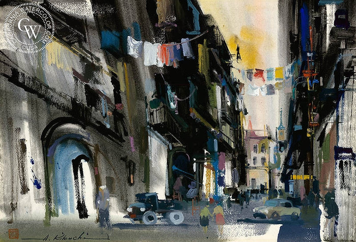 Street Scene, watercolor painting by Atsushi Kikuchi (American art). Fine art giclée print reproduction by California Watercolor for wall decor.
