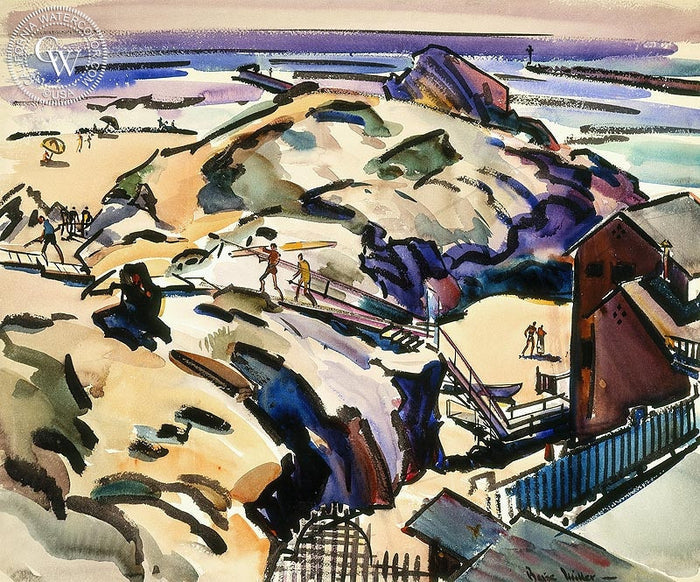 Summer in Corona del Mar, c. 1950s, watercolor painting by Barse Miller (American art). Fine art giclée print reproduction by California Watercolor for wall decor.