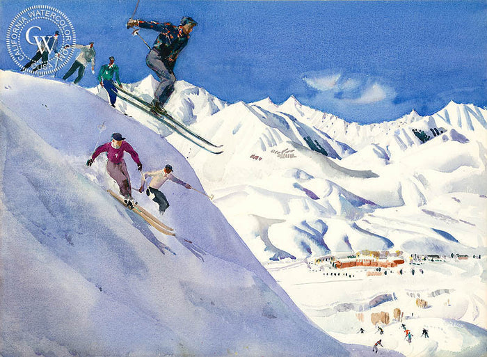 Sun Valley Skiers, c. 1950s, watercolor painting by Millard Sheets (American art). Original painting and fine art giclée reproduction by California Watercolor for wall decor.