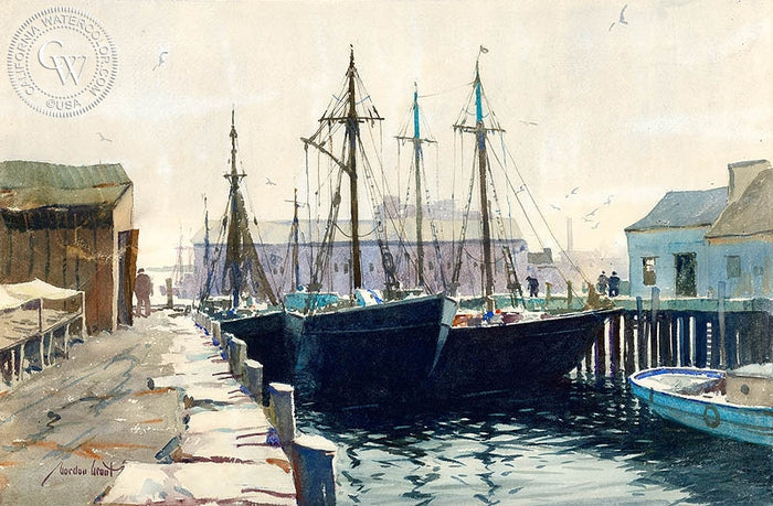 Sunday in Dock, watercolor painting by Gordon Grant (American art). Original painting and fine art giclée reproduction by California Watercolor for wall decor.