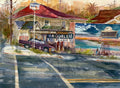 Sunday Morning Street Scaper, watercolor painting by David Solomon (American art). Original painting and fine art giclée reproduction by California Watercolor for wall decor.