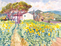 Sunflowers in Tuscany, watercolor painting by Glen Knowles (American art). Fine art giclée print reproduction by California Watercolor for wall decor.