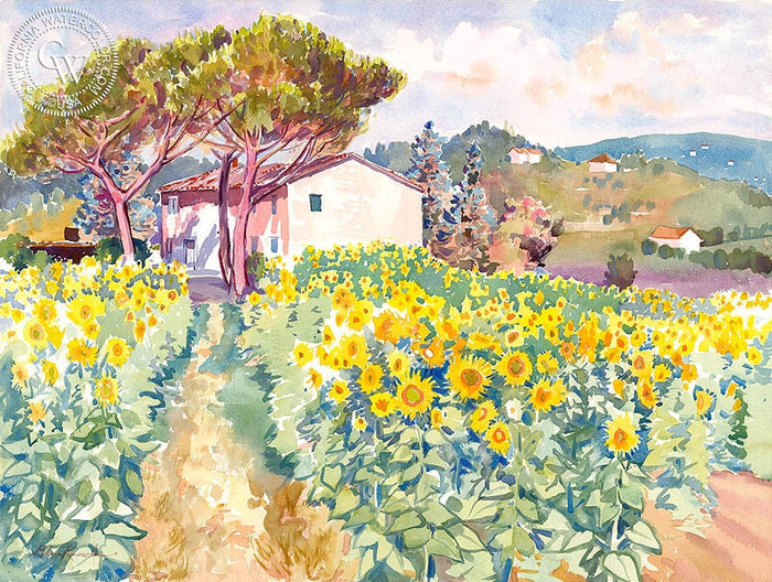 Sunflowers in Tuscany, watercolor painting by Glen Knowles (American art). Fine art giclée print reproduction by California Watercolor for wall decor.