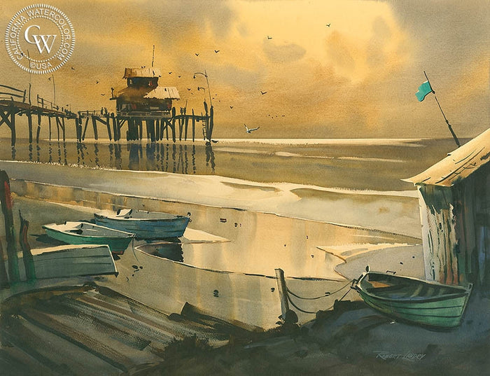 Sunset at Newport, watercolor painting by Robert Landry (American art). Fine art giclée print reproduction by California Watercolor for wall decor.