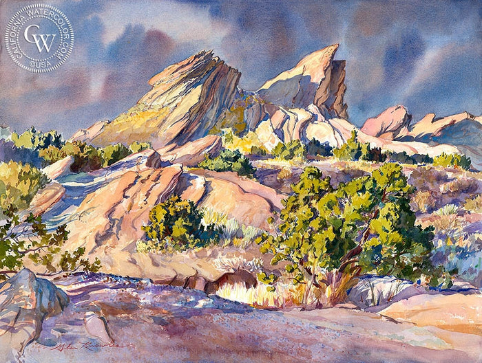 Sunset at Vasquez Rocks Park, watercolor painting by Glen Knowles (American art). Fine art giclée print reproduction by California Watercolor for wall decor.