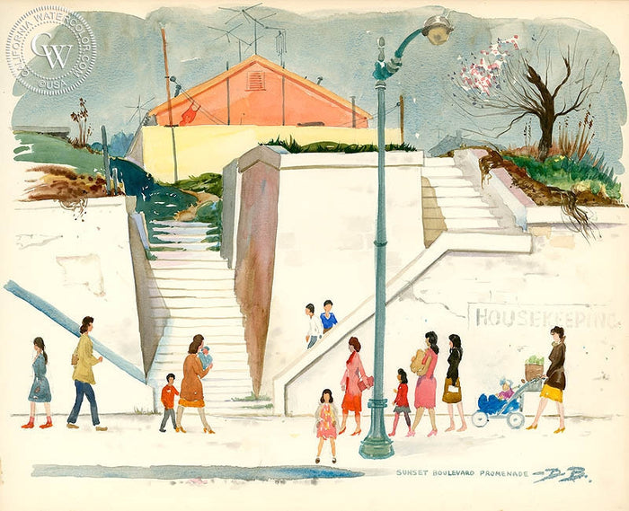 Sunset Blvd. Promenade, c. 1940s, watercolor painting by David Blower (American art). Original painting and fine art giclée reproduction by California Watercolor for wall decor.
