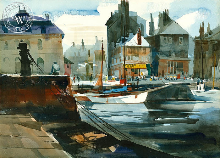 The Harbor, Honfleur, France, 1972, watercolor painting by James Green (American art). Fine art giclée print reproduction by California Watercolor for wall decor.