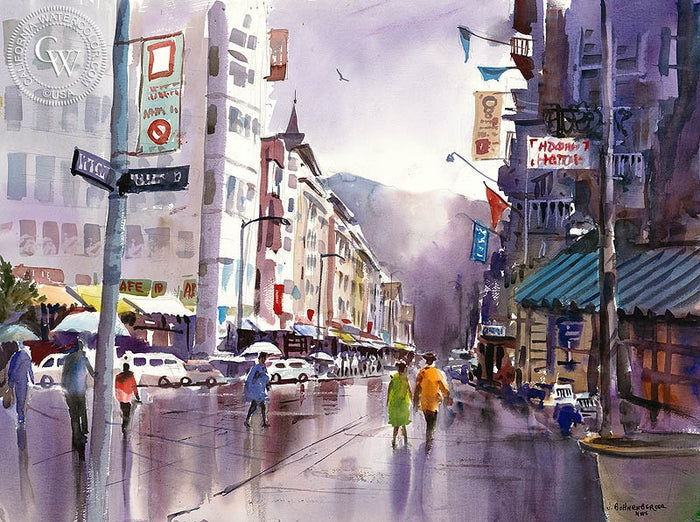 The Intersection, watercolor painting by John Bohnenberger (American art). Fine art giclée print reproduction by California Watercolor for wall decor.