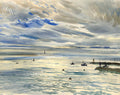 The Newport Jetty, watercolor painting by Rex Brandt (American art). Fine art giclée print reproduction by California Watercolor for wall decor.