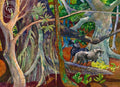 The Old Banyan Tree with Horses, Hawaii, 1982, watercolor painting by Millard Sheets (American art). Fine art giclée print reproduction by California Watercolor for wall decor.