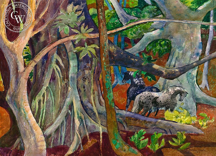 The Old Banyan Tree with Horses, Hawaii, 1982, watercolor painting by Millard Sheets (American art). Fine art giclée print reproduction by California Watercolor for wall decor.