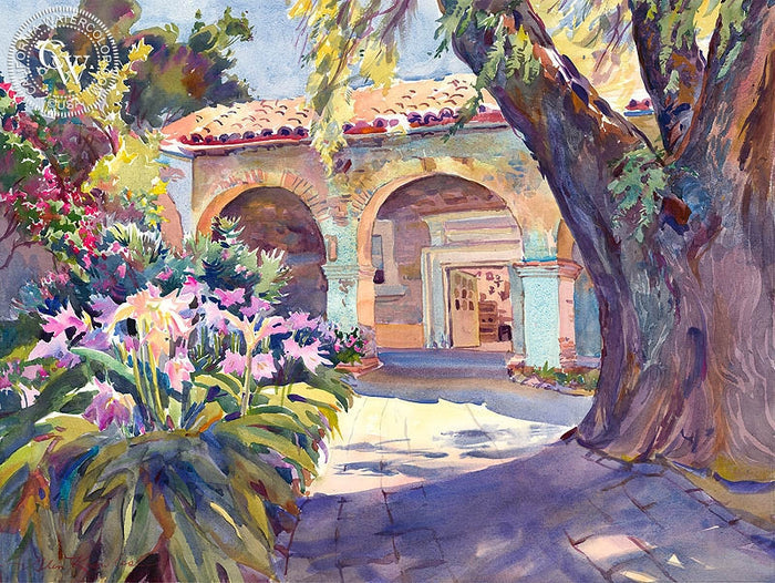 The Old Pepper Tree, San Juan Capistrano, watercolor painting by Glen Knowles (American art). Fine art giclée print reproduction by California Watercolor for wall decor.
