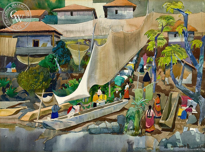The Return, Patzcuaro, 1953, watercolor painting by Millard Sheets (American art). Fine art giclée print reproduction by California Watercolor for wall decor.