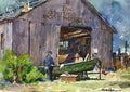 The Sterling Boat Works, watercolor painting by Vernon Nye (American art). Fine art giclée print reproduction by California Watercolor for wall decor.