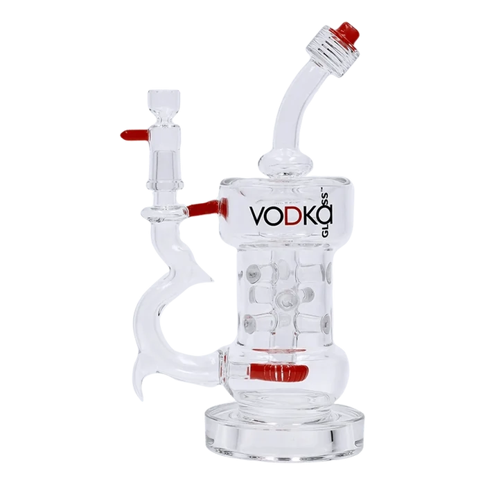 Close-up front view of the Vodka Icy Thunder Water Pipe - Red - 8.5in. showing its clear glass body, curved neck, red accents, and branded logo on a white background